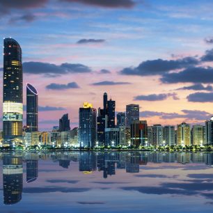 View of Abu Dhabi Skyline at sunset, United Arab Emirates